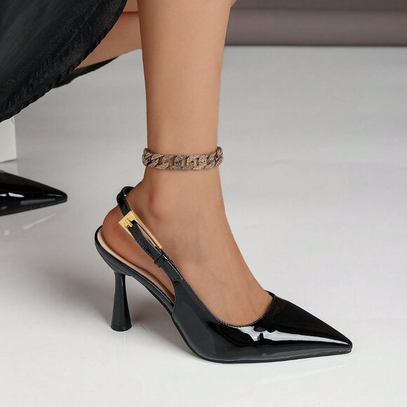 Black Elegant Women's High Heel Pointed Toe Button Lacquered Leather Slingback P - Picture 6 of 6